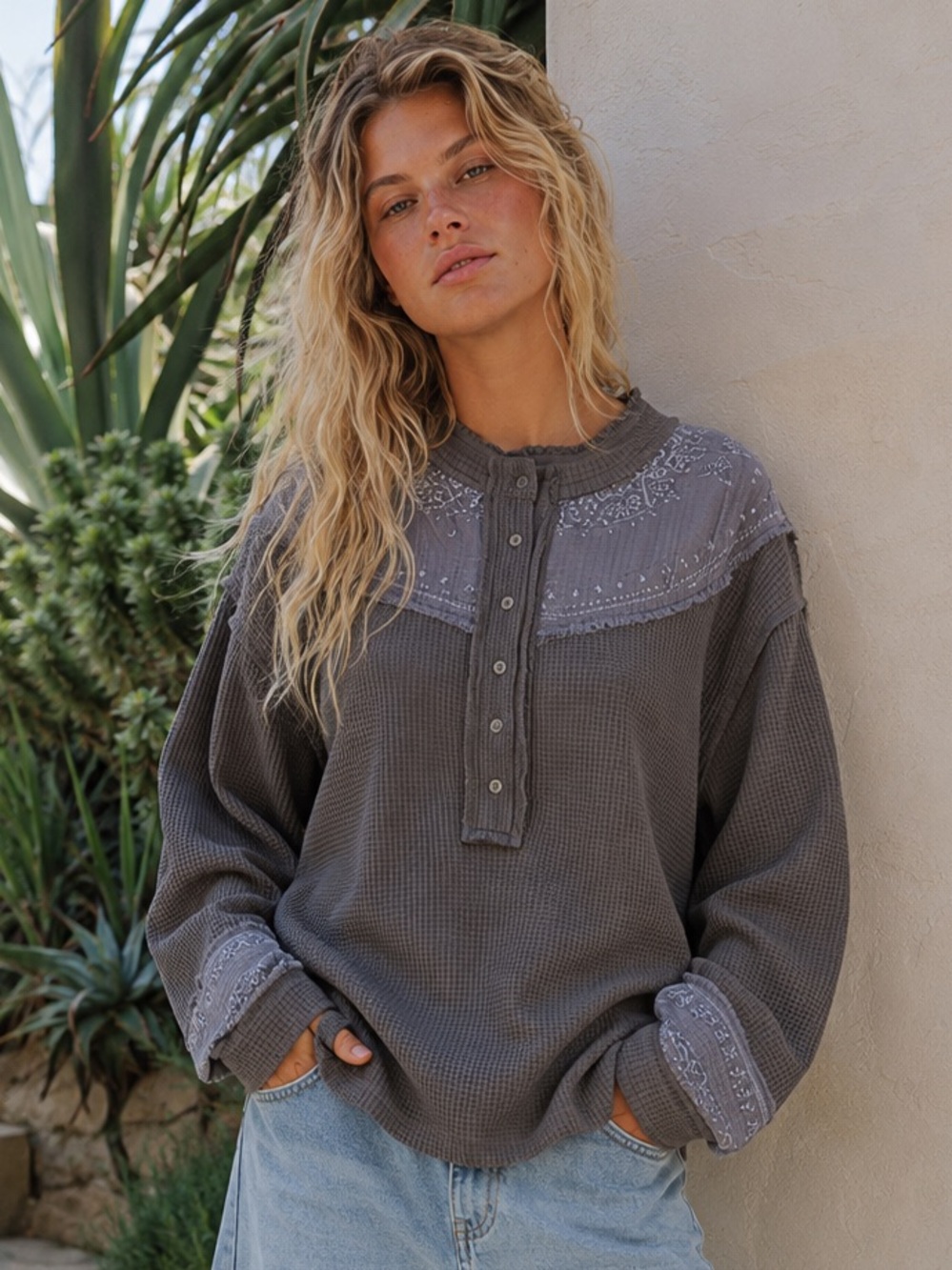POL “ Starlight Thermal “ longer Sleeve Embroidered Thermal Knit | Charcoal